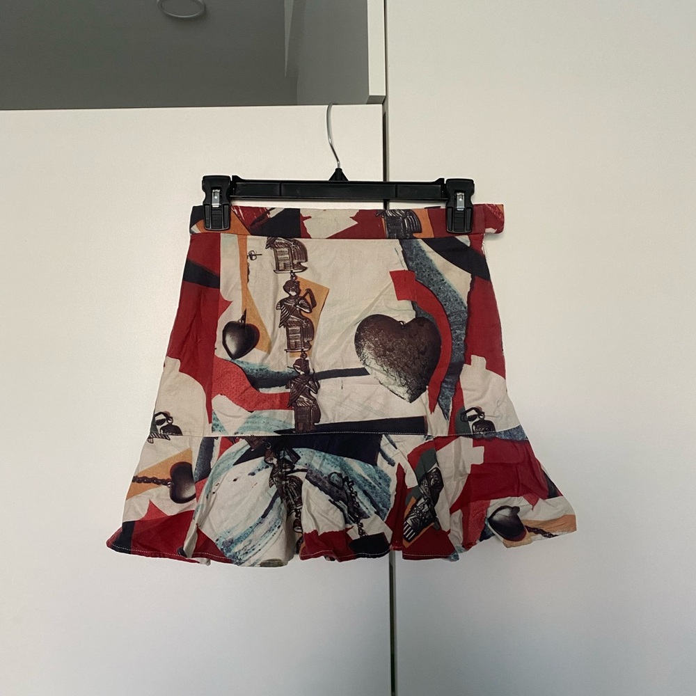 Graphic Heart Print Ruffle Hem Mini Skirt - Red/Multicolor